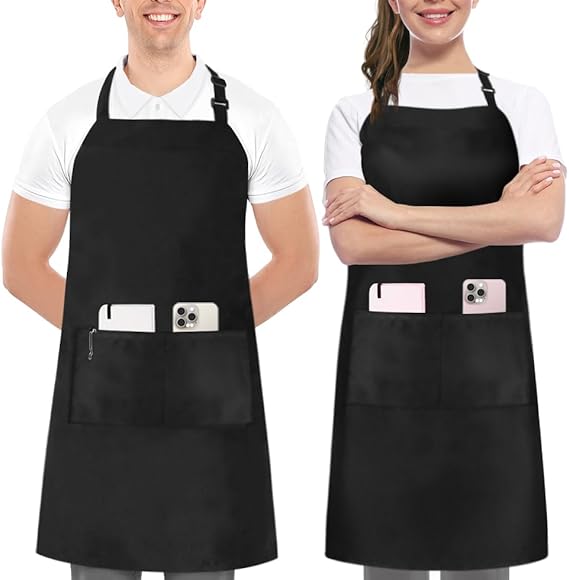 Utopia Kitchen 2 Pack Bib Apron, Adjustable with 2 Pockets, Water and Oil Resistant, Cooking Kitchen Chef Apron for Women Men Quick Pick Grocers